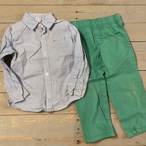 Carter’s, 2-piece set. Button down, striped shirt, green pants. GUC. 3T